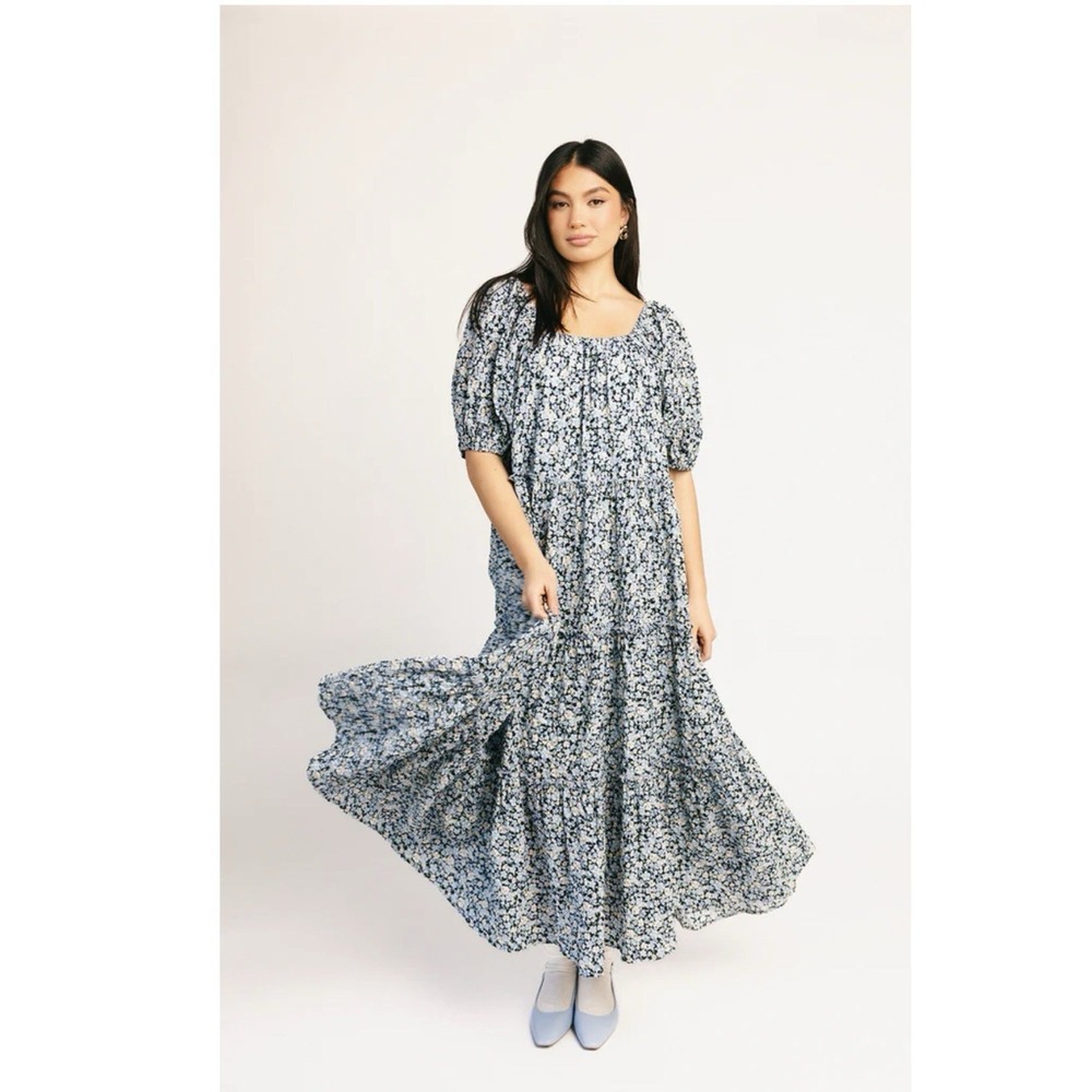 Zoco Daymaker Floral Dress L Large Balloon Sleeve Tiered Pockets Midnight Blue